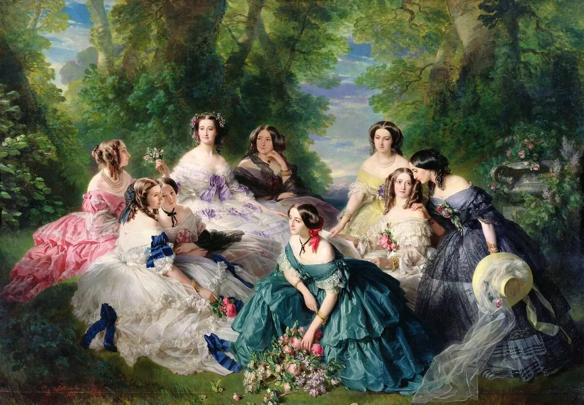 大きく広がるドレスを着た皇后ウジェニーと女官たちを描いた1855年の絵画